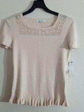 Mercer Street Studio Cream Ribbed Short Sleeve Top with Crochet Yoke